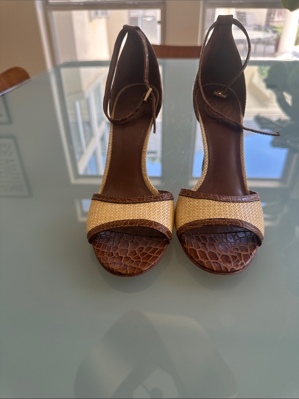 Tory Burch Brown Croc Embossed and Cream Raffia Woven Ankle-Strap Heel Sandals